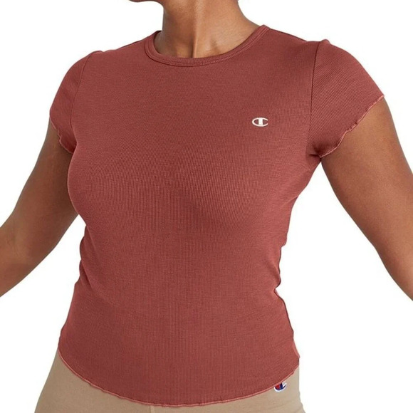 Champion Women's Ribbed Lettuce Edge Hem T-Shirt Size Medium Rust Orange Cropped - Picture 1 of 12